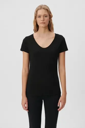 Kadın Lux Touch V Yaka Modal Tişört - Siyah - 1
