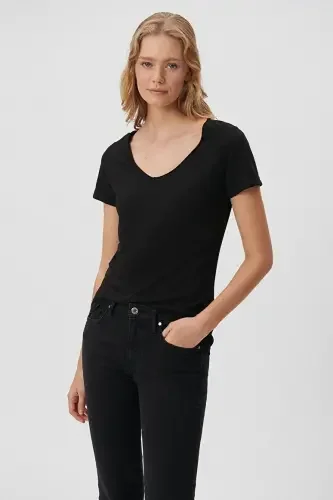 Kadın Lux Touch V Yaka Modal Tişört - Siyah - 2