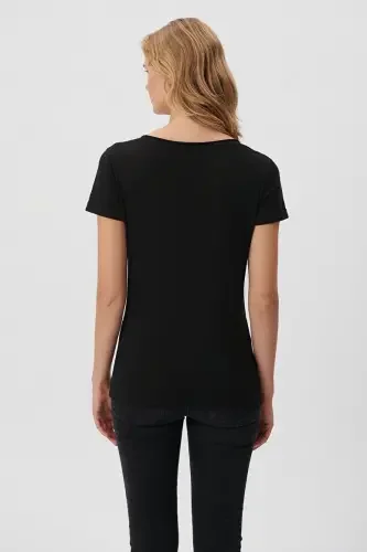 Kadın Lux Touch V Yaka Modal Tişört - Siyah - 3