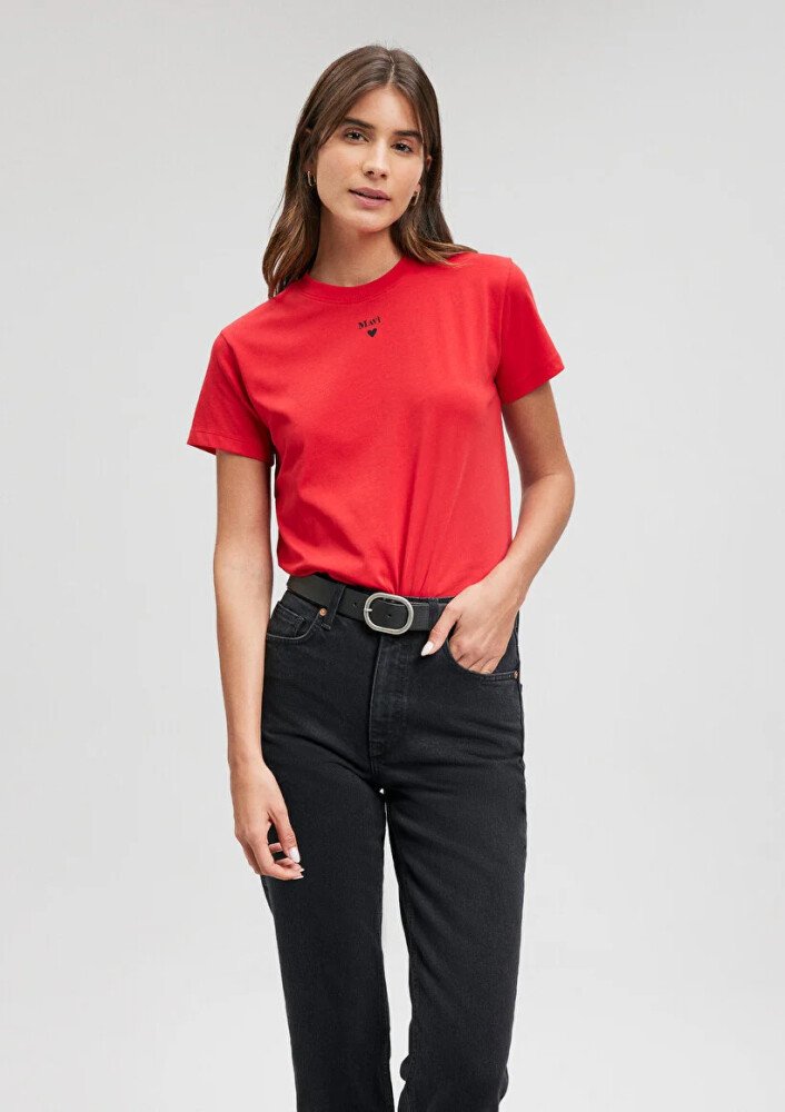 Kadın Mavi Baskılı T-Shirt - Kırmızı - MAVİ