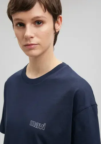Kadın Mavi Logo Baskılı Tişört - Lacivert - 4