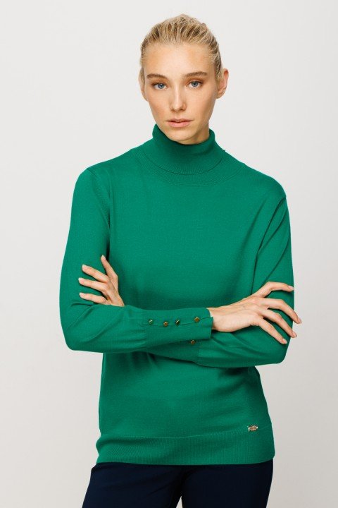 Kadın On Balıkçı Yaka Kolu Süs Düğmeli Triko Kazak- Yeşil - On Fashion