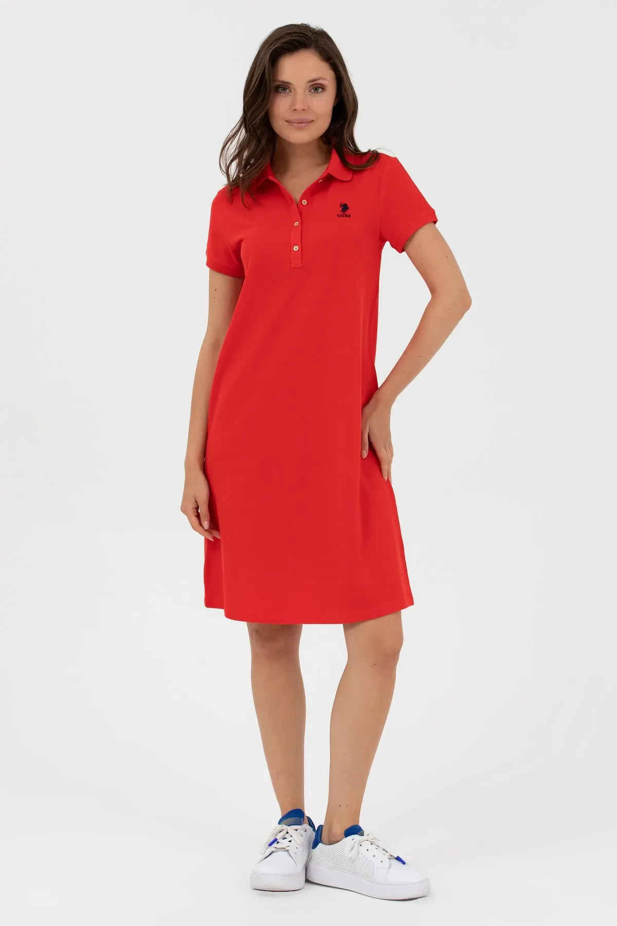 Kadın Polo Yaka Örme Elbise-Kırmızı - 1