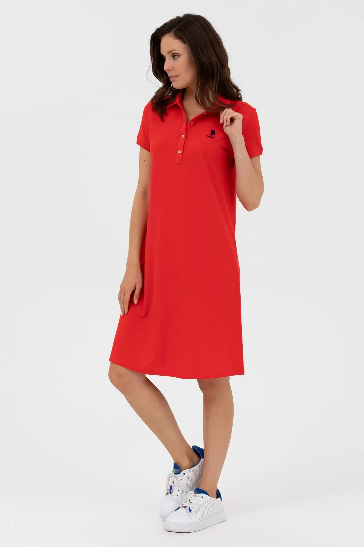 Kadın Polo Yaka Örme Elbise-Kırmızı - 2
