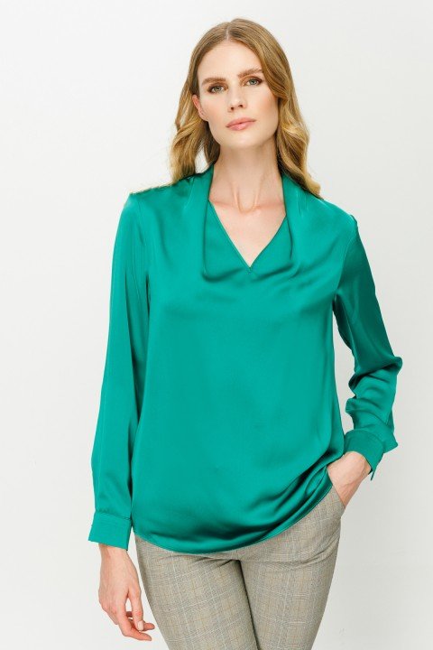 Kadın Saten V Yaka Bluz - Yeşil - Ekol