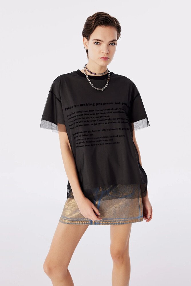 Kadın Tül Mix T-Shirt - Siyah - Twist