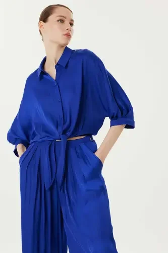 Kadın Twist Belden Bağlamalı Gömlek - Saks Mavi - 2