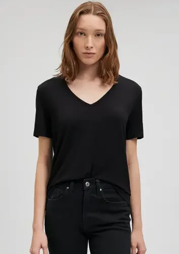 Kadın V Yaka Basic Tişört - Siyah - 1