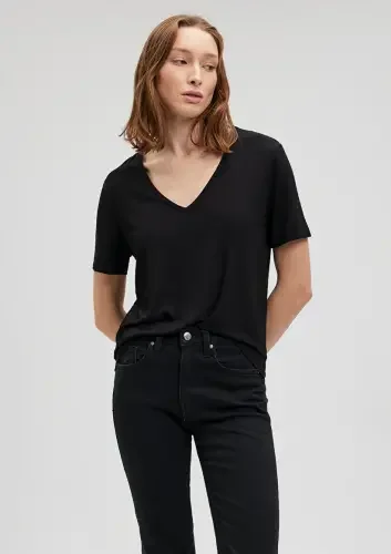 Kadın V Yaka Basic Tişört - Siyah - 2