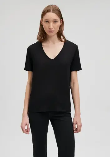 Kadın V Yaka Basic Tişört - Siyah - 3