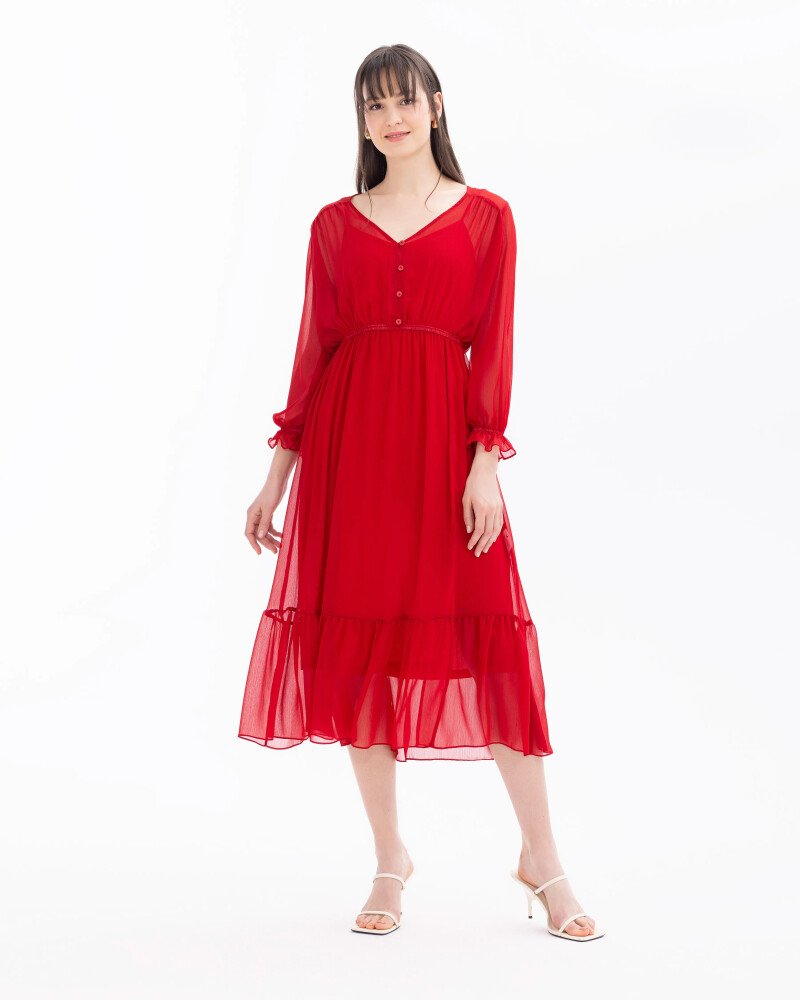 Kadın V Yaka Beli Büzgülü Elbise-Kırmızı - SEÇİL