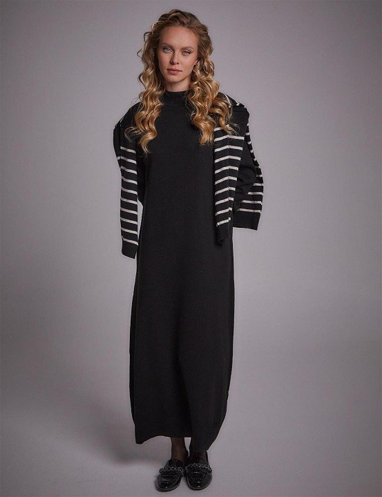 Kadın Yarım Balıkçı Yaka Triko Elbise - Siyah - 2
