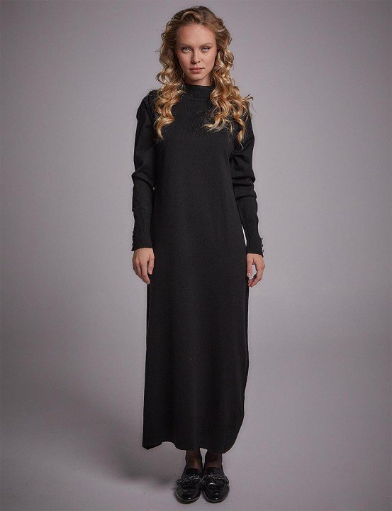 Kadın Yarım Balıkçı Yaka Triko Elbise - Siyah - 5