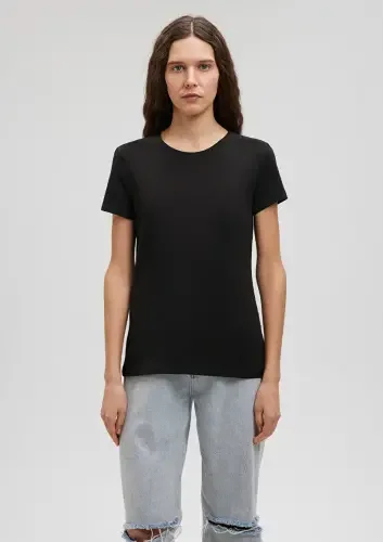 Kadın Yuvarlak Yaka Basic Tişört - Siyah - 2