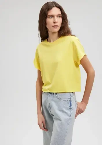 Kadın Yuvarlak Yaka Crop Tişört - Sarı - 1