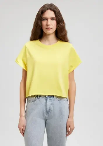 Kadın Yuvarlak Yaka Crop Tişört - Sarı - 2