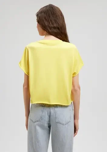 Kadın Yuvarlak Yaka Crop Tişört - Sarı - 5