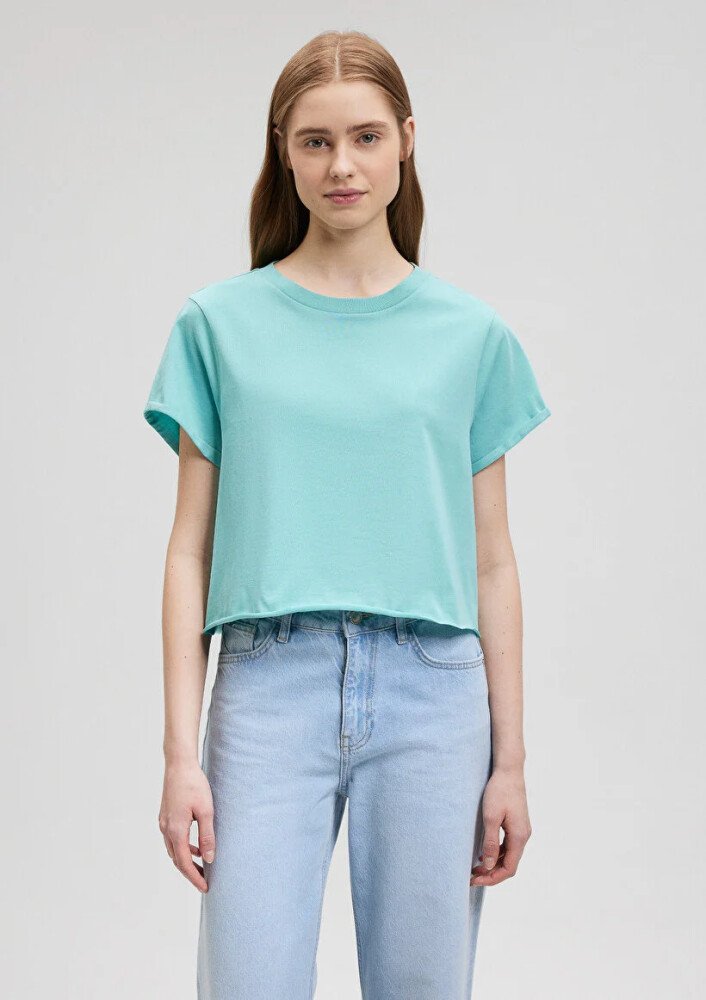 Kadın Yuvarlak Yaka Kısa Kol T-Shirt - Su Yeşili - MAVİ