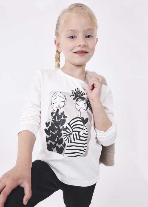 Kız Çocuk Baskılı Uzun Kollu Tişört-Krem - MAYORAL