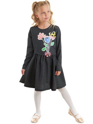 Kız Çocuk Çiçekler Denim Görünümlü Elbise - Siyah - DENOKİDS