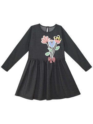 Kız Çocuk Çiçekler Denim Görünümlü Elbise - Siyah - 3