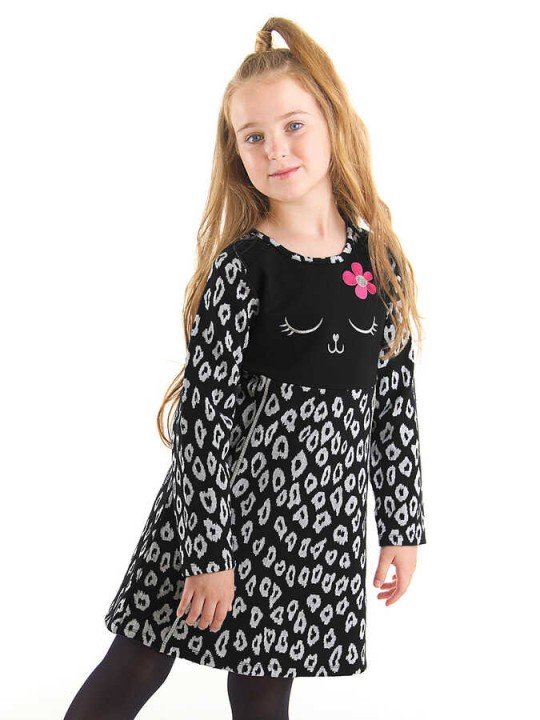 Kız Çocuk Çiçekli Kedi Elbise - Siyah - DENOKİDS