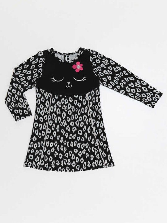 Kız Çocuk Çiçekli Kedi Elbise - Siyah - 3