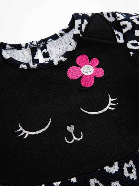 Kız Çocuk Çiçekli Kedi Elbise - Siyah - 4