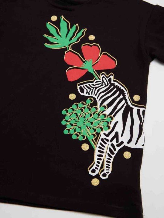 Kız Çocuk Çiçekli Zebra Kız T-Shirt Tayt Takım - Siyah - 4