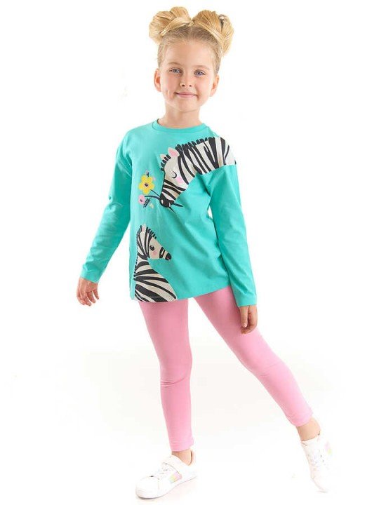 Kız Çocuk Çiçekli Zebra Tunik Tayt Takım - Turkuaz - DENOKİDS
