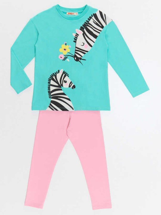 Kız Çocuk Çiçekli Zebra Tunik Tayt Takım - Turkuaz - 3