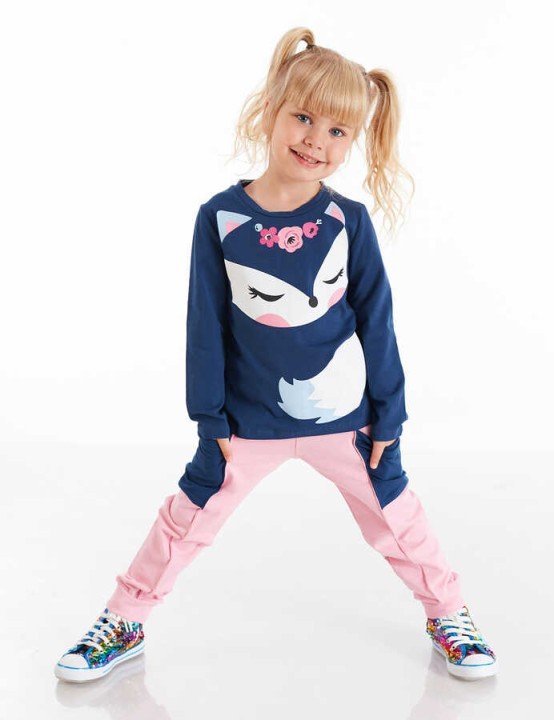 Kız Çocuk Cute Fox Tilki Lacivert T-shirt Pembe Pantolon Takım - Mavi - DENOKİDS