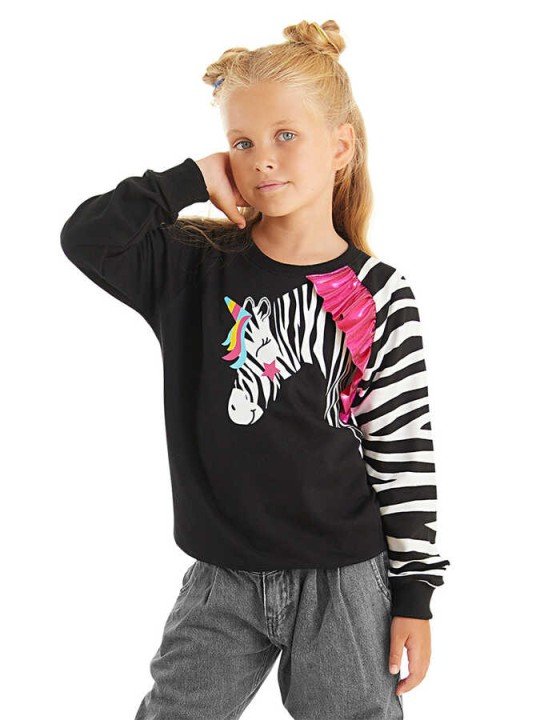 Kız Çocuk Fırfırlı Zebra Sweatshirt - Siyah - DENOKİDS