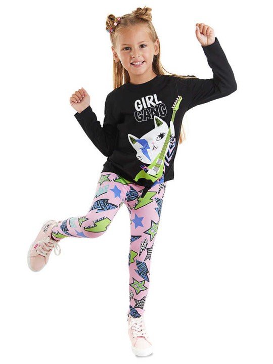 Kız Çocuk Girl Gang T-shirt Tayt Takım - Siyah - DENOKİDS