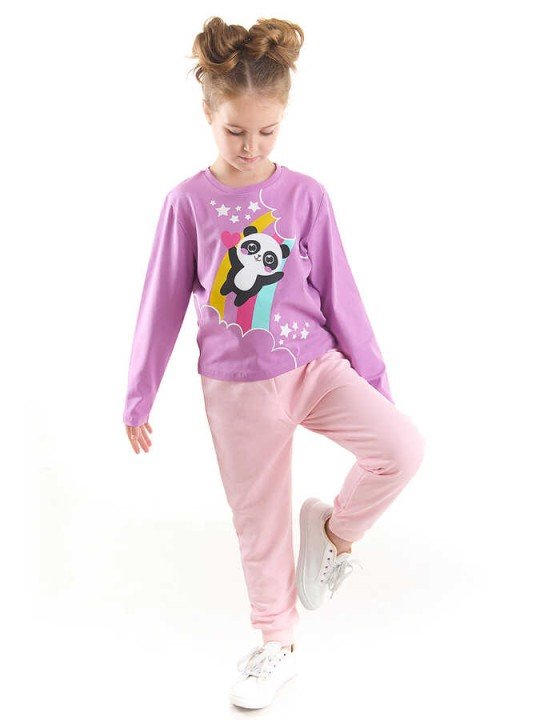 Kız Çocuk Gökkuşağı Panda T-Shirt Pantolon Takım - Lila - DENOKİDS
