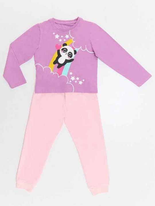 Kız Çocuk Gökkuşağı Panda T-Shirt Pantolon Takım - Lila - 3
