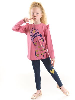 Kız Çocuk Love Cat Kedi T-shirt Lacivert Tayt Takım - Pembe - DENOKİDS