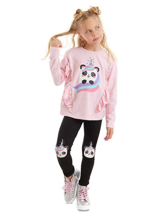Kız Çocuk Panda Unicorn T-shirt Tayt Takım - Pembe - DENOKİDS