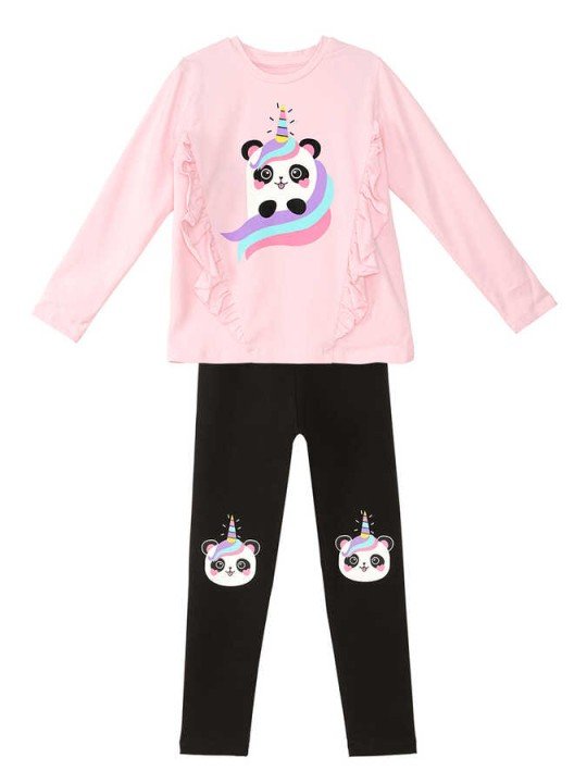 Kız Çocuk Panda Unicorn T-shirt Tayt Takım - Pembe - 3