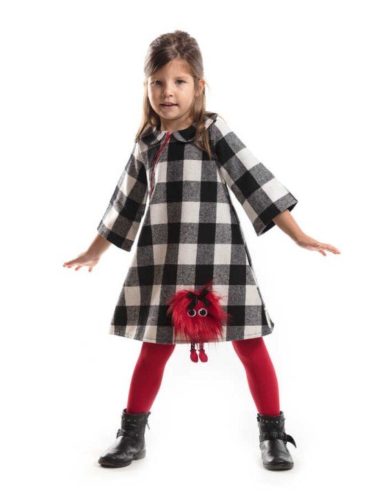 Kız Çocuk Ponpon Ekose Elbise - Siyah - DENOKİDS