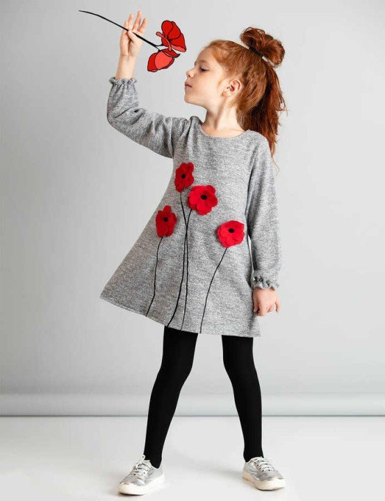 Kız Çocuk Poppy Çiçekli Gri Elbise - Gri - DENOKİDS