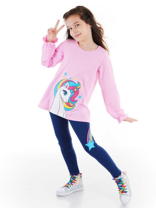 Kız Çocuk Rainbow Star Tunik Tayt Takım - Pembe - DENOKİDS