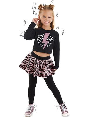 Kız Çocuk Rock Life T-shirt Tayt Takım - Siyah - DENOKİDS