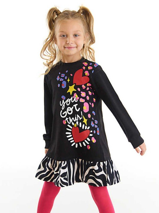 Kız Çocuk Zebra Kalpli Elbise - Siyah - DENOKİDS