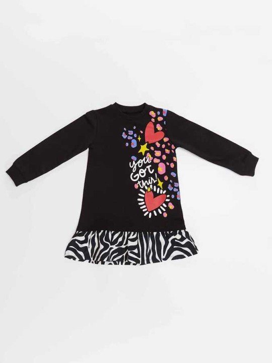 Kız Çocuk Zebra Kalpli Elbise - Siyah - 3