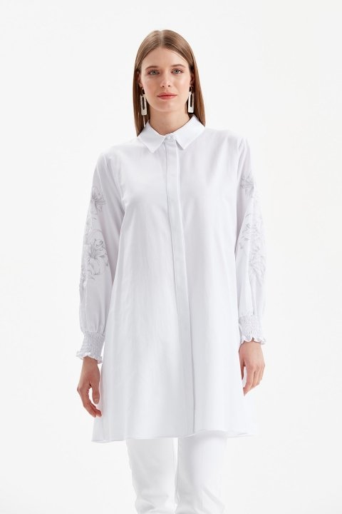 Kol İşleme Detaylı Gömlek Tunik-Beyaz - 1