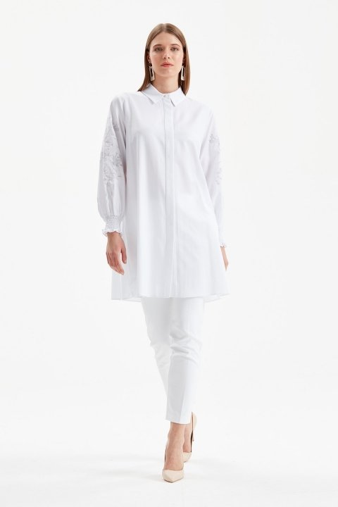 Kol İşleme Detaylı Gömlek Tunik-Beyaz - 2