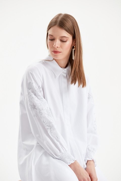 Kol İşleme Detaylı Gömlek Tunik-Beyaz - 4