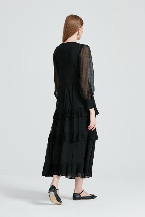 Kolları Tül Detaylı Şifon Elbise-Siyah - 4