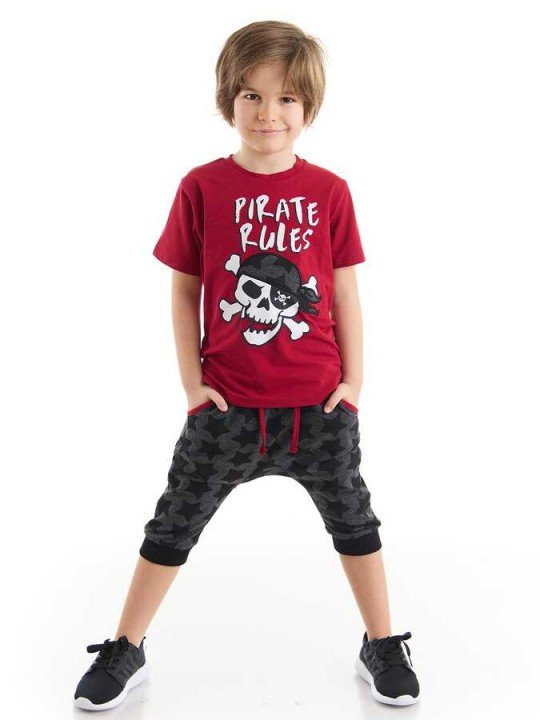 Korsan Kuralları Erkek Çocuk Bordo T-Shirt Gri Kapri Şort Takım - Mushi